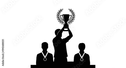 Silhouette of a Champion Holding a Trophy Above Two Runners-Up on a Podium