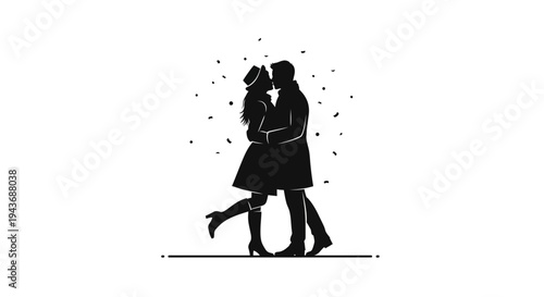Silhouette of a couple kissing passionately amidst falling confetti, celebrating love and romance.