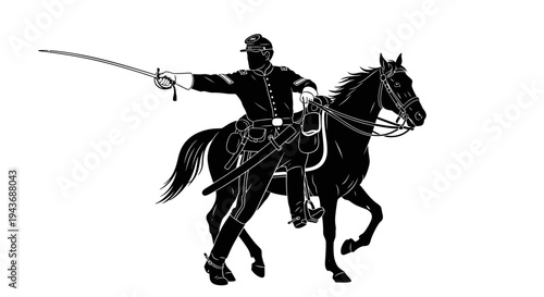 Silhouette of a Civil War cavalry soldier on horseback with sword raised, black and white illustration.