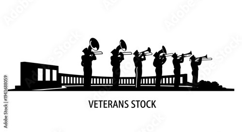 Silhouette of a military band playing brass instruments at a memorial