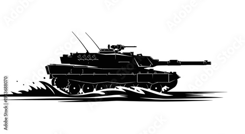 Silhouette of a modern battle tank moving through water, dynamic action, military vehicle illustration