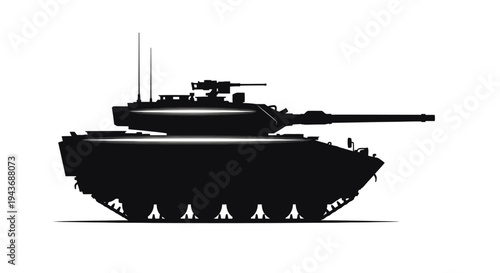 Silhouette of a modern battle tank with a long cannon, side view, isolated on white background
