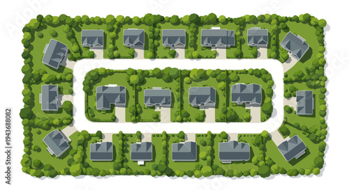 Aerial View of Residential Neighborhood with Uniform Houses and Green Trees