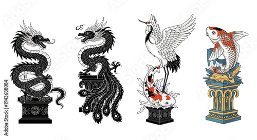 Chinese Dragon, Phoenix, Crane, and Koi Fish Statues on Pedestals