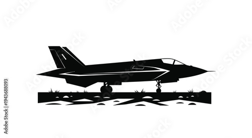 Silhouette of a modern fighter jet on a grassy runway, ready for takeoff