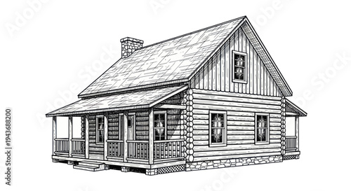 Rustic Log Cabin with Stone Foundation and Porch - Hand Drawn Illustration
