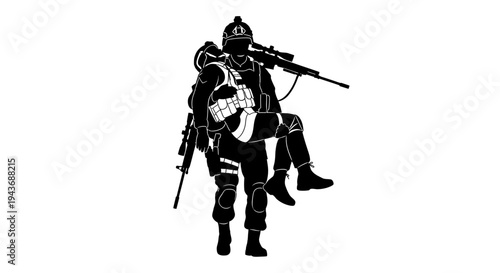 Silhouette of a soldier carrying a sniper rifle and assault rifle, tactical gear, black and white