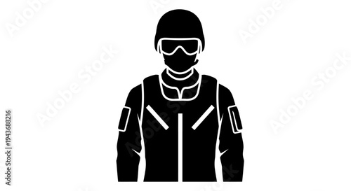 Silhouette of a soldier in tactical gear, helmet, and goggles, front view, black and white icon