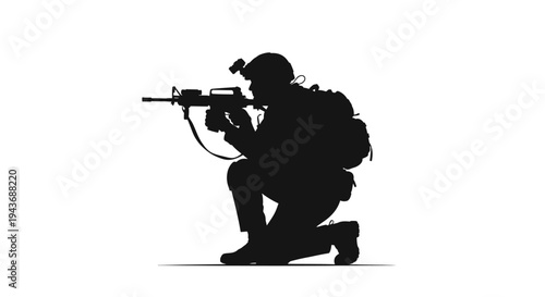 Silhouette of a soldier kneeling with rifle, tactical gear, ready for action