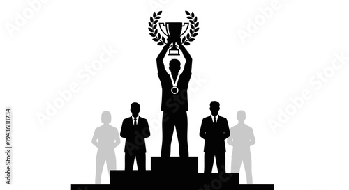 Silhouette of a winner holding a trophy on a podium with other people around