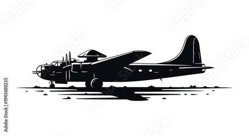 Silhouette of a vintage bomber airplane on a tarmac, retro aviation art