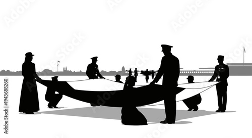 Silhouette of people in uniform carrying a large airplane wing in a ceremony
