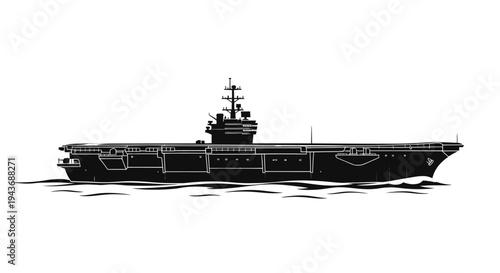 Silhouette of an Aircraft Carrier Sailing on Water, Military Ship, Naval Vessel