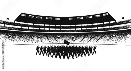 Silhouette of marching soldiers with flags in a stadium, symbolizing protest or demonstration.