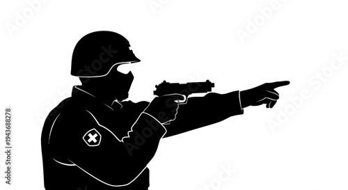 Silhouette of soldier aiming handgun, pointing forward, tactical gear, white background