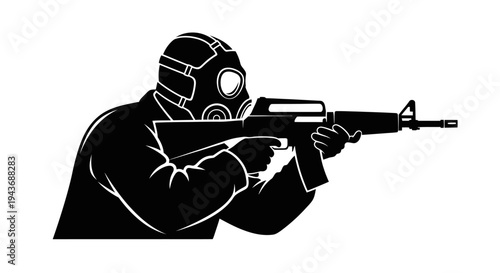 Silhouette of soldier in gas mask holding assault rifle, ready to fire, black and white