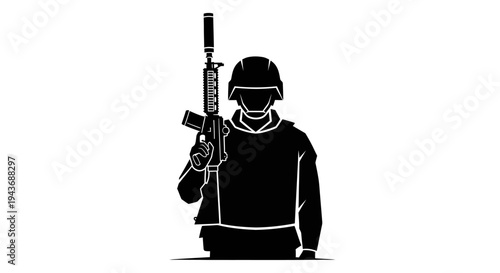 Silhouette of Soldier with Rifle, Military, Security, Warfare Concept