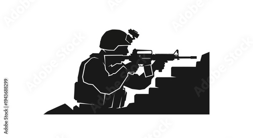 Silhouette of Soldier with Rifle Ascending Stairs, Military Combat Scene