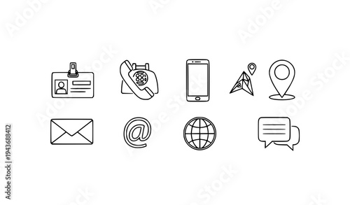 Minimal line business card contact icons set with name phone mobile location email website and message symbols