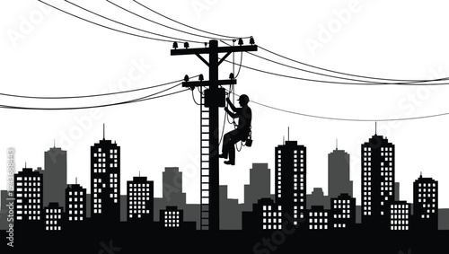 Electric utility worker repairing power lines on telephone pole above city skyline, electrical maintenance technician silhouette, urban infrastructure service, energy distribution concept illustration
