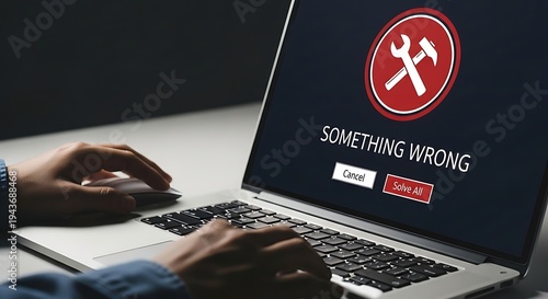 A person experiencing technical difficulties on a laptop with an error message