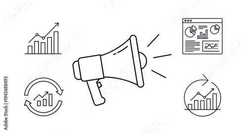 Megaphone with Business Growth and Analytics Icons.