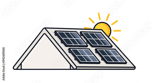 Vector illustration of solar panels on a roof with sun
