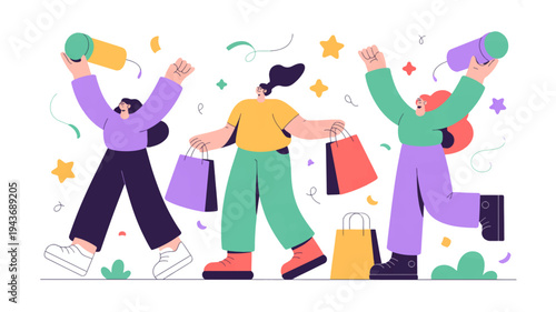 People celebrating with shopping bags and confetti joyful colorful illustration