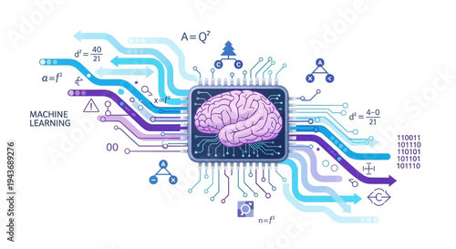 Vector illustration of brain on microchip with machine learning and neural network elements