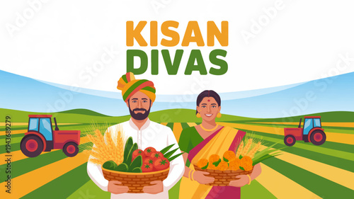 Farmers celebrating harvest with baskets of fresh vegetables and fruits in a vibrant field