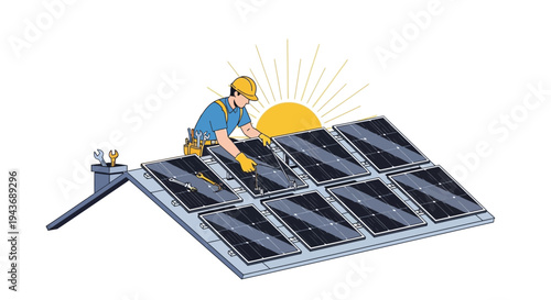 Vector illustration of worker installing solar panel