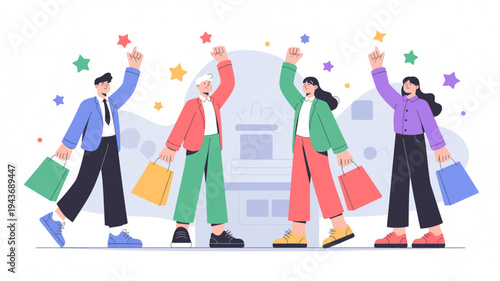 Diverse people celebrating shopping success with colorful bags and stars