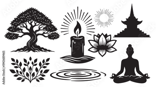 Set of 7 yoga and meditation icons vector
