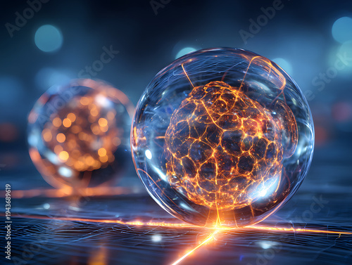 Glowing quantum energy spheres connected by digital network representing advanced physics, nanotechnology and futuristic energy systems
