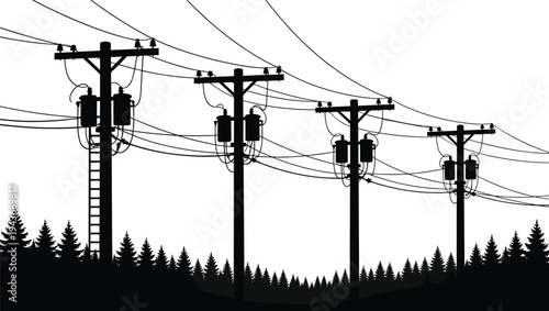 Silhouette of electric utility poles with transformers and overhead power lines across forest landscape representing electricity transmission, energy distribution infrastructure and rural power grid 
