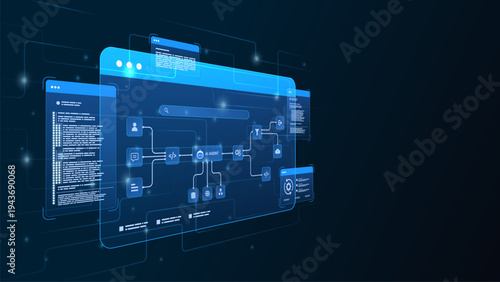AI workflow automation artificial intelligence. ai agent network diagram dashboard machine learning development processing flow, coding panels and automation system.