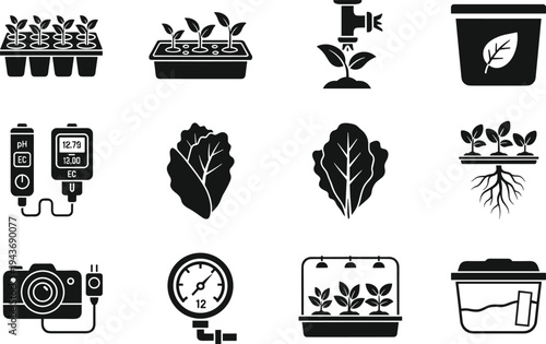 Set of hydroponic and smart farming icons featuring seedling trays growth lights pH meters pressure gauges roots and automated indoor cultivation systems for modern agriculture