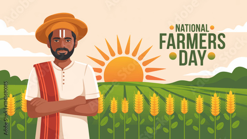 National farmers day illustration with indian farmer in field celebrating agriculture and rural life with sun and crops