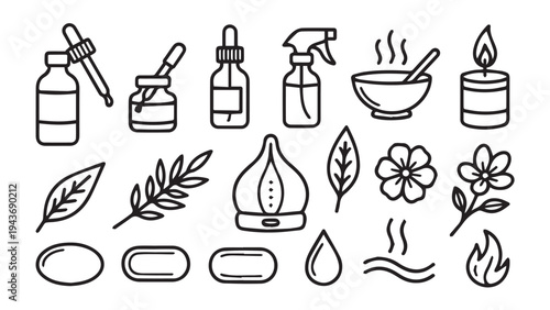 Set of 16 essential oil icons vector, aromatherapy symbols