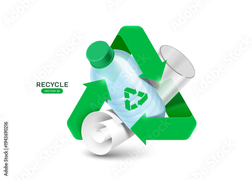 Green recycling logo swirls in direction of arrow and rotates around plastic bottle, glass, and paper, for design campaign promoting waste separation and reuse, vector 3d illustration isolated