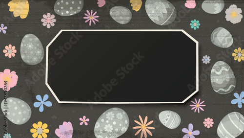 Happy Easter greeting card, poster or banner hand drawn with defect printing from copy machine have blank paper freeform frame.