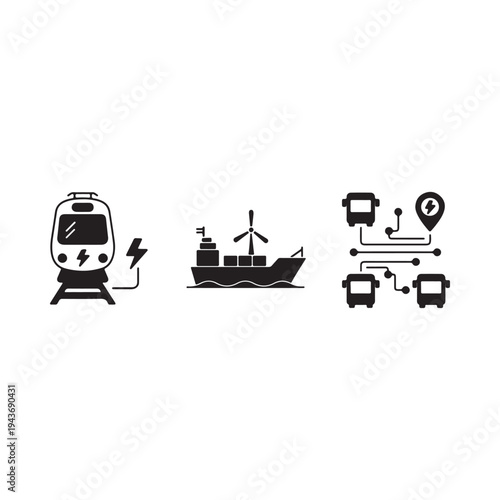 Modern icons depicting electric train wind turbine and smart energy grid system network infrastructure