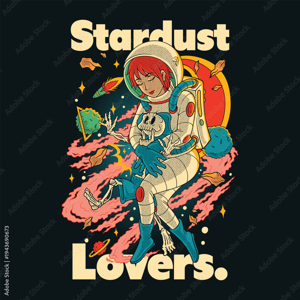 Obraz premium Retro Cartoon Astronaut Girl Hugging Skeleton in Space Illustration