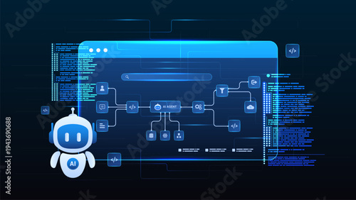 AI workflow automation artificial intelligence. ai agent network diagram dashboard machine learning development with flow process, coding and automation flow.