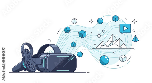 Vector illustration of virtual reality headset with icons