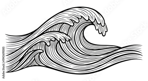 Black and White Engraved Style Ocean Wave Illustration