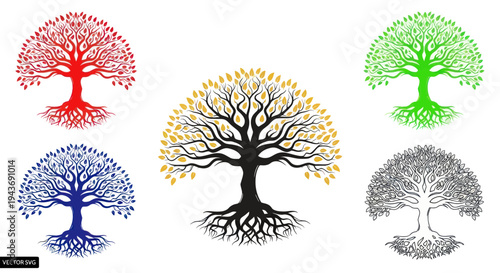 Colorful Tree of Life Illustrations with Visible Roots - Set of 5
