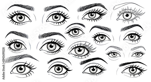 Collection of Hand-Drawn Female Eyes with Eyelashes and Eyebrows