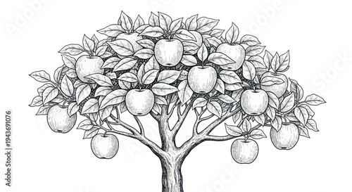 Hand-drawn Apple Tree with Ripe Fruit