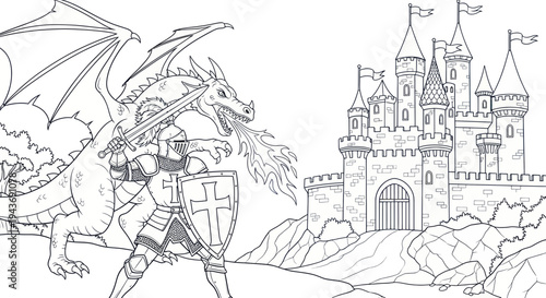 Knight fighting dragon in front of a castle, fantasy illustration outline